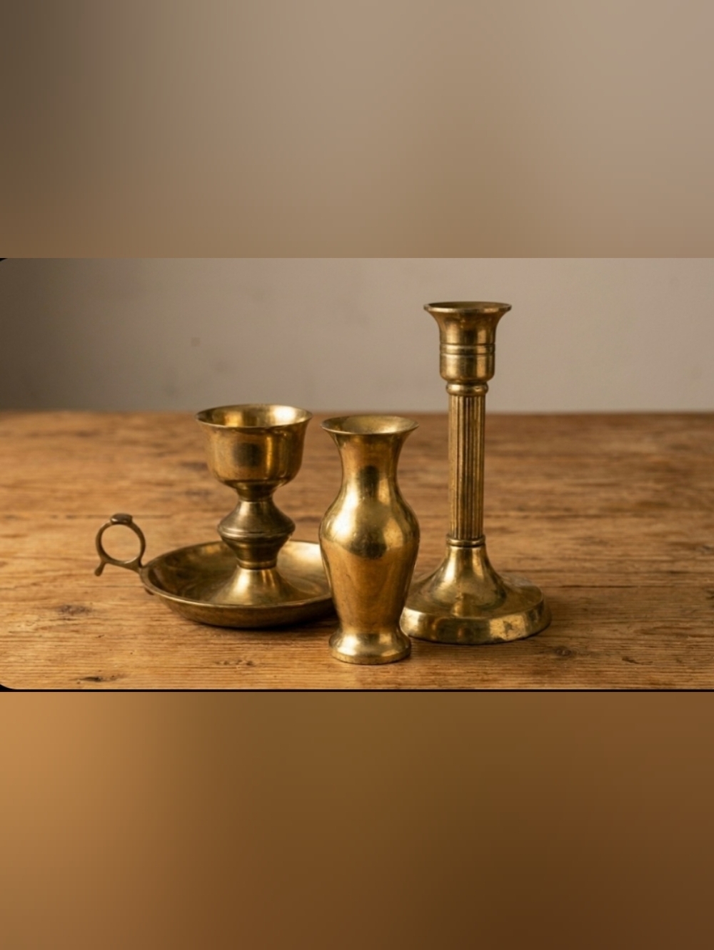 Brass Decorative Vase and Candle Holders Set - Gold Tone